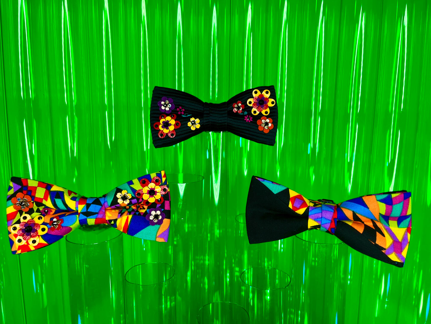 Psychedelic Printed cotton Bow Tie with Handsewn Flowers and Swarovski crystal