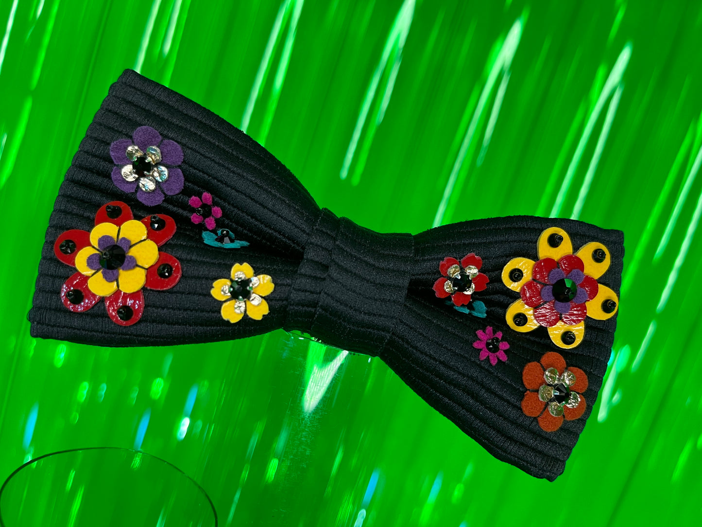 Psychedelic Black Bow tie with Hand Sewn Flowers