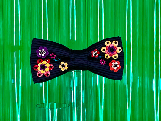 Psychedelic Black Bow tie with Hand Sewn Flowers