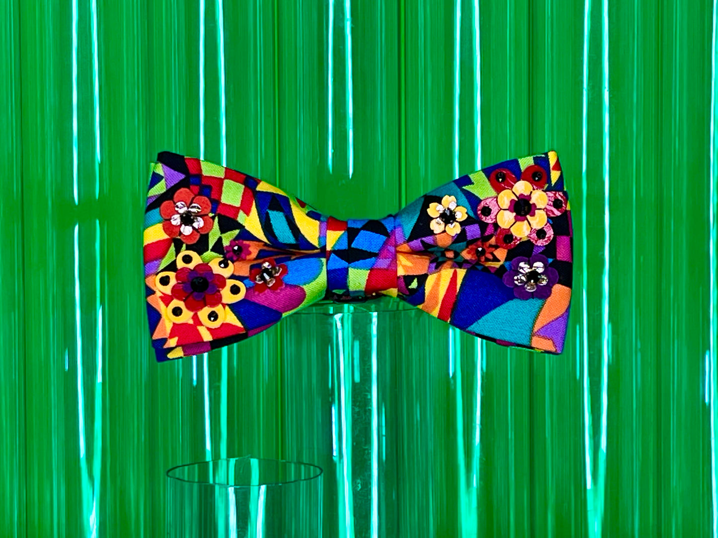 Psychedelic Printed cotton Bow Tie with Handsewn Flowers and Swarovski crystal