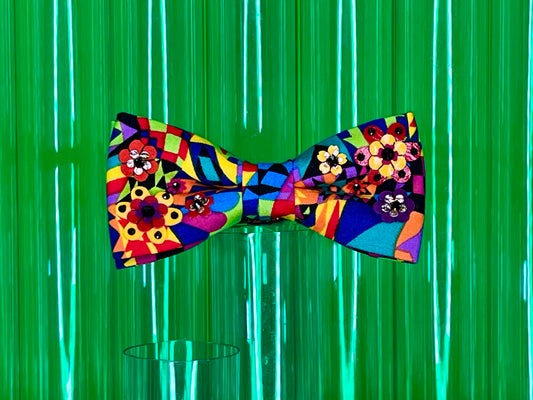 Psychedelic Printed cotton Bow Tie with Handsewn Flowers and Swarovski crystal