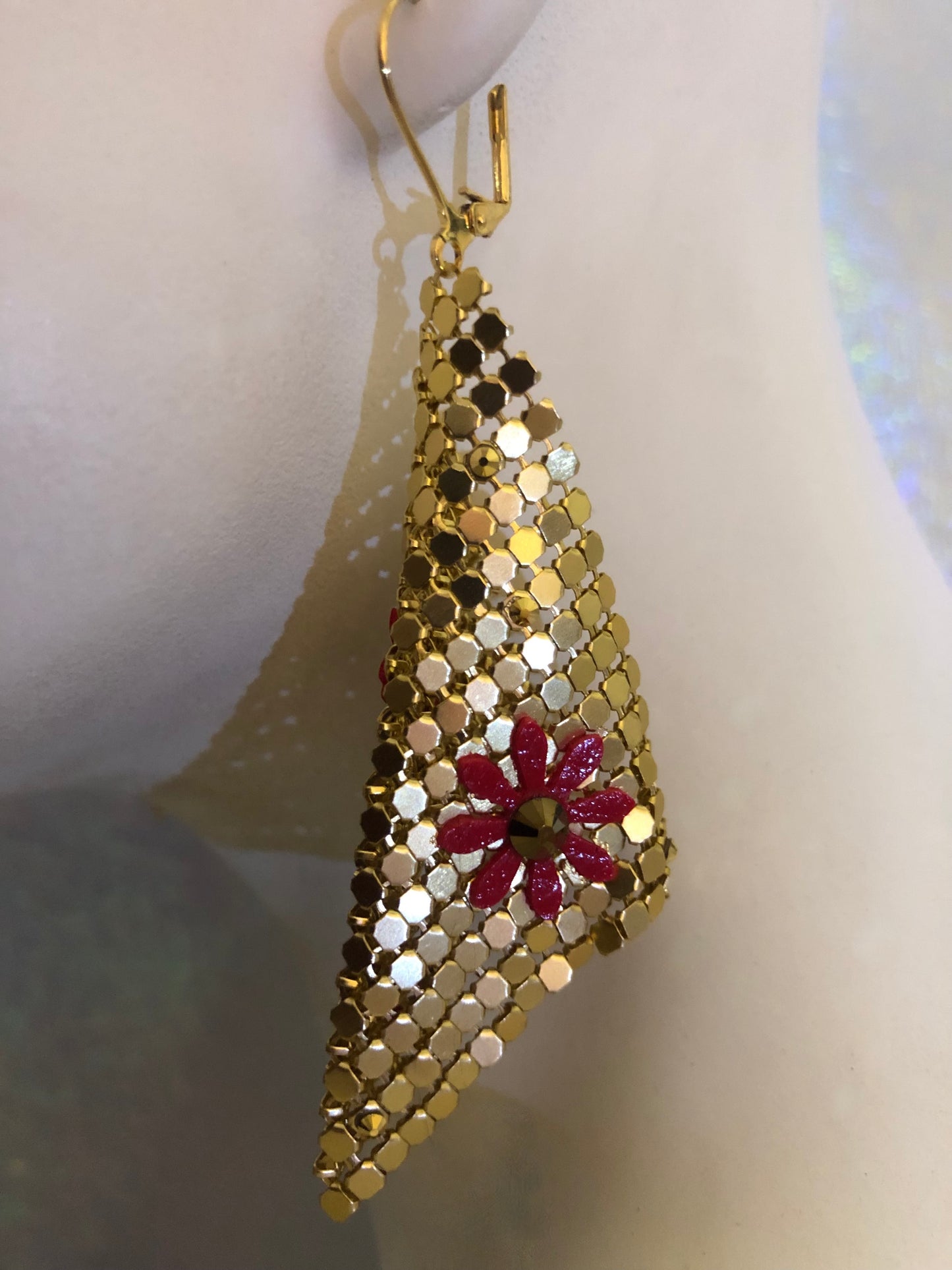 Gold Chainmail Earrings With Hand Cut Flowers and Swarovski Crystals