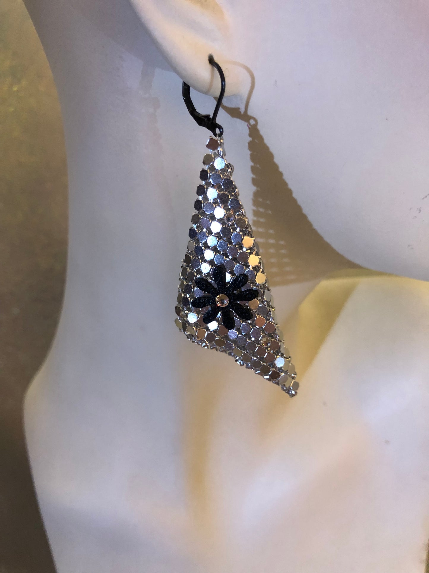 Silver Chainmail Earrings with Hand Cut Flowers and Swarovski Crystals