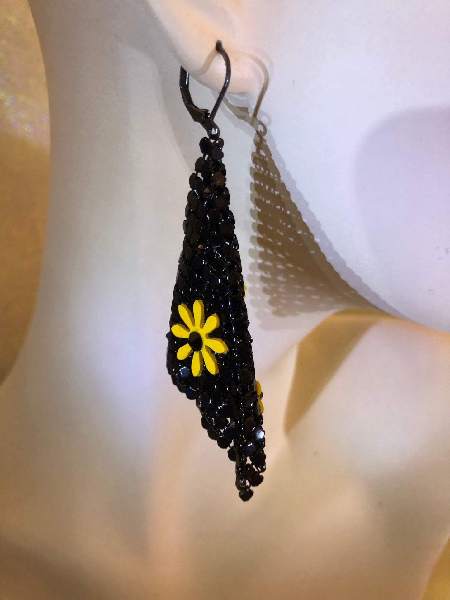 Black Chainmail Earrings With HandCut Flowers and Swarovski Crystals