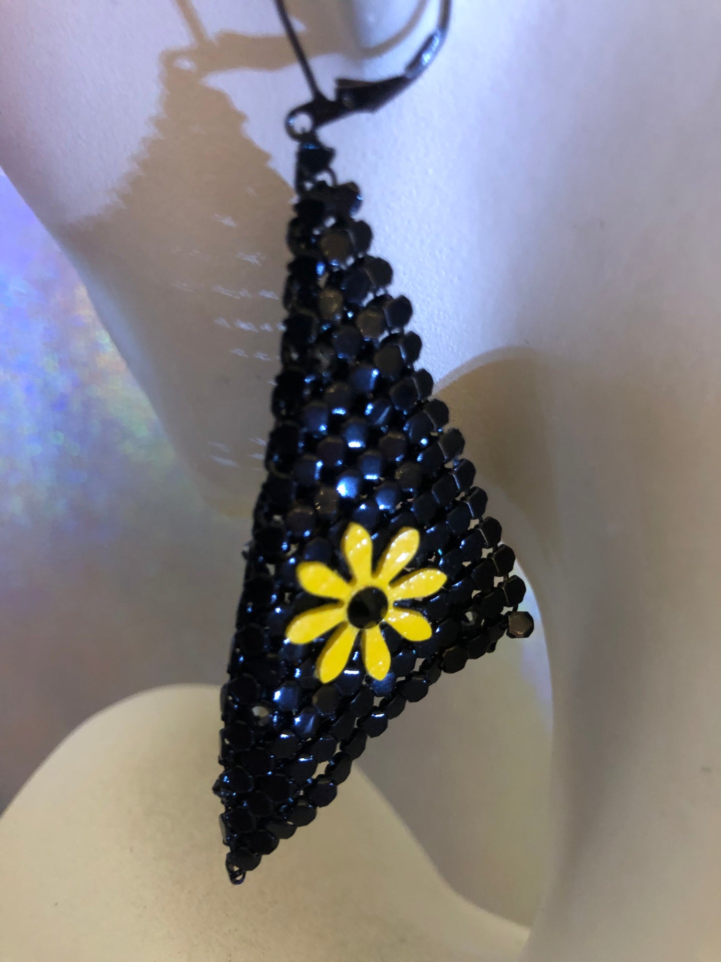 Black Chainmail Earrings With HandCut Flowers and Swarovski Crystals