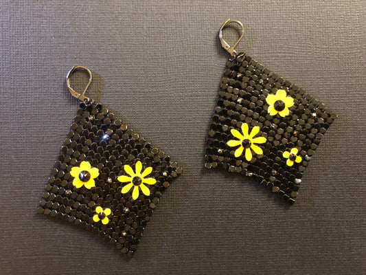 Black Chainmail Earrings With HandCut Flowers and Swarovski Crystals