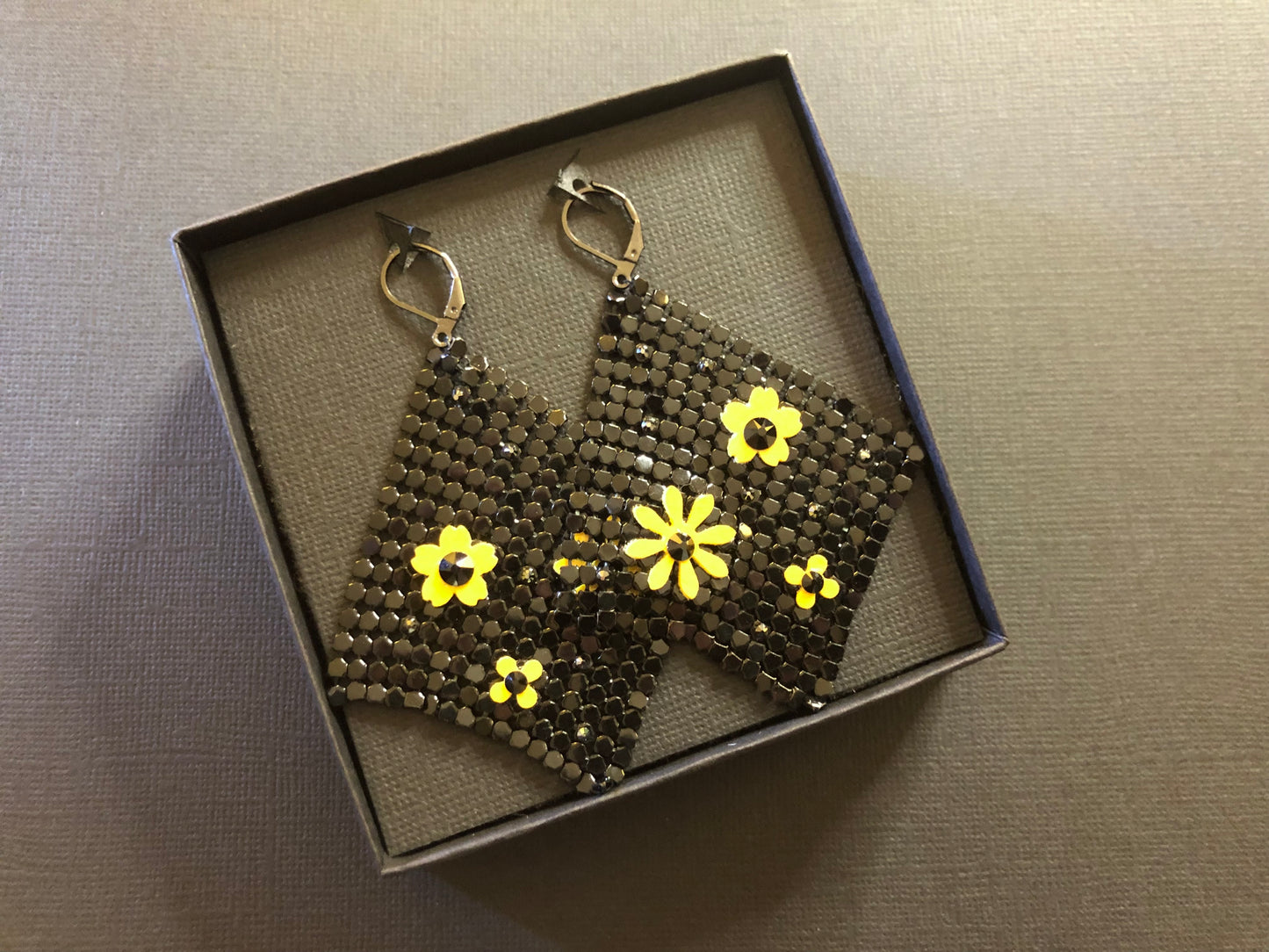 Black Chainmail Earrings With HandCut Flowers and Swarovski Crystals
