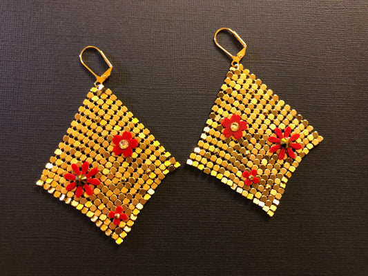 Gold Chainmail Earrings With Hand Cut Flowers and Swarovski Crystals