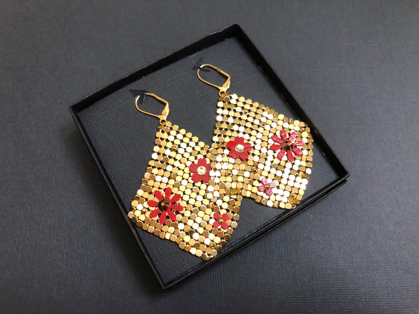 Gold Chainmail Earrings With Hand Cut Flowers and Swarovski Crystals