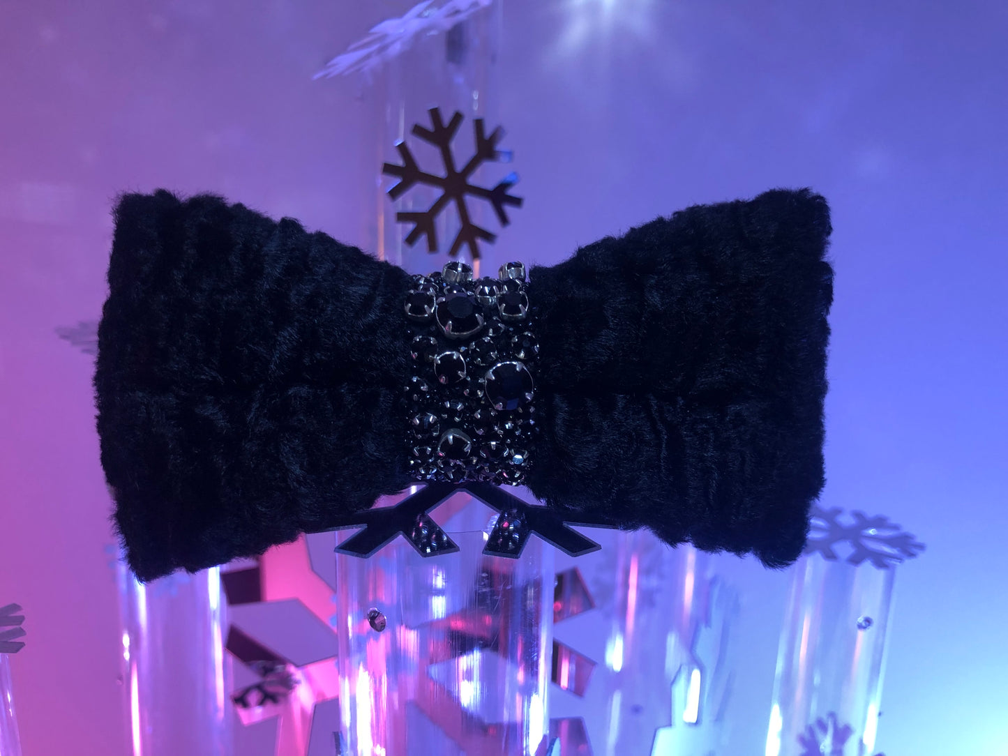 Black Faux Fur Astrakhan Bow Tie with Hand sewn Swarovski gems