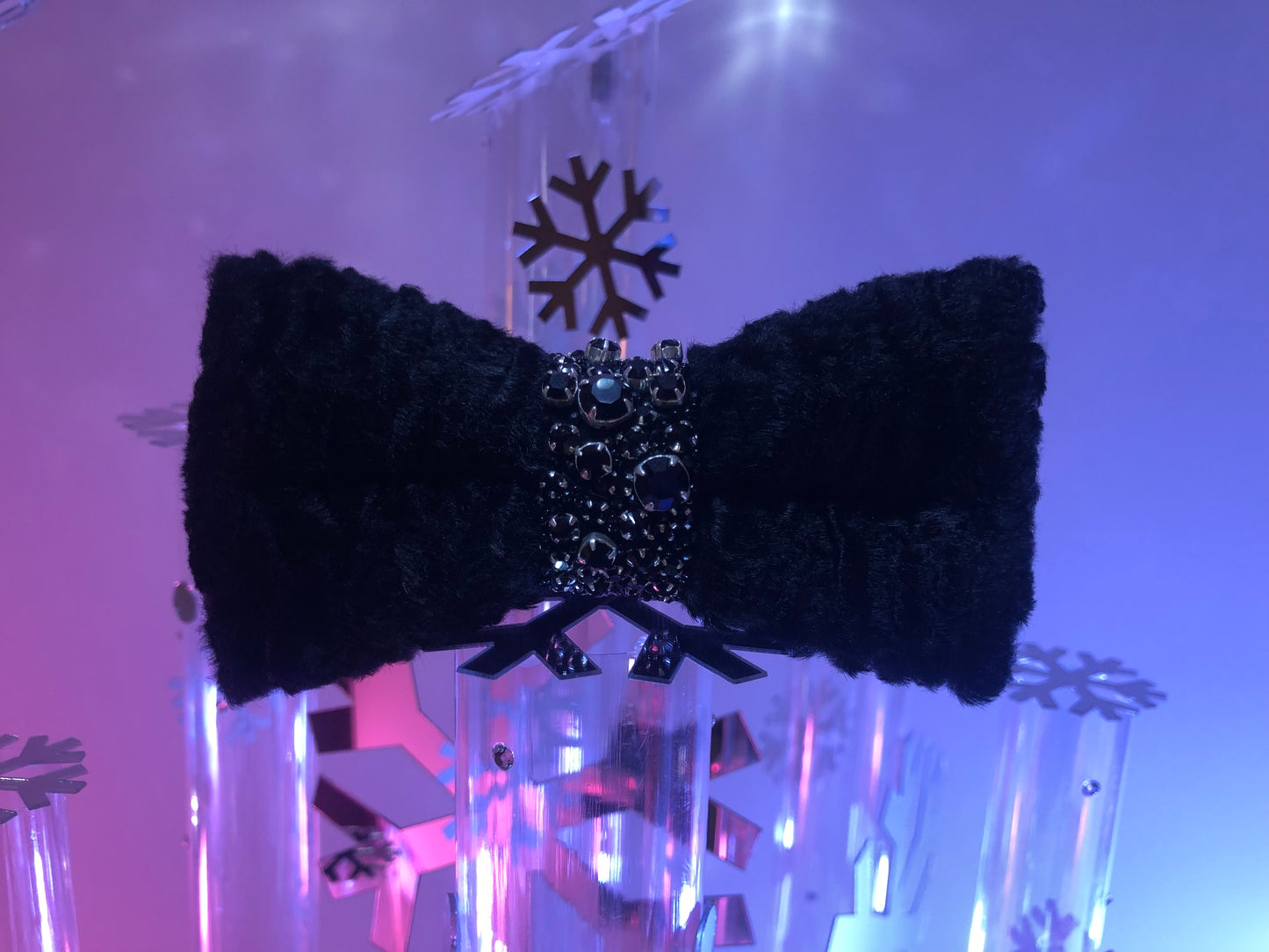 Black Faux Fur Astrakhan Bow Tie with Hand sewn Swarovski gems