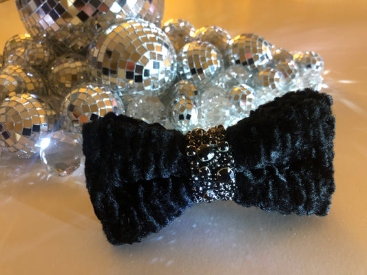 Black Faux Fur Astrakhan Bow Tie with Hand sewn Swarovski gems