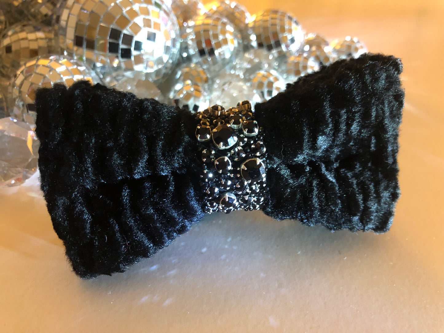 Black Faux Fur Astrakhan Bow Tie with Hand sewn Swarovski gems