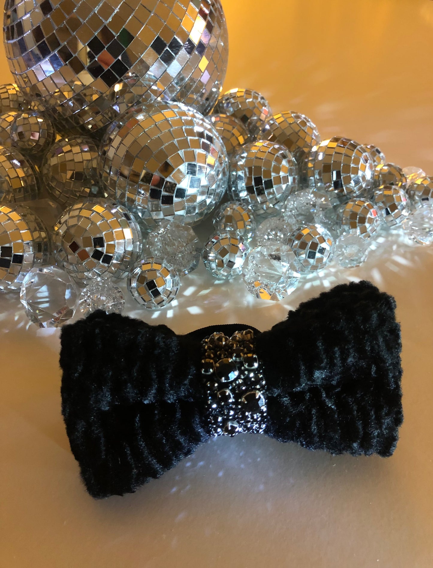 Black Faux Fur Astrakhan Bow Tie with Hand sewn Swarovski gems