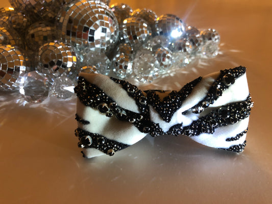 Zebra Velvet Adjustable Bow Tie with Swarovski Crystals