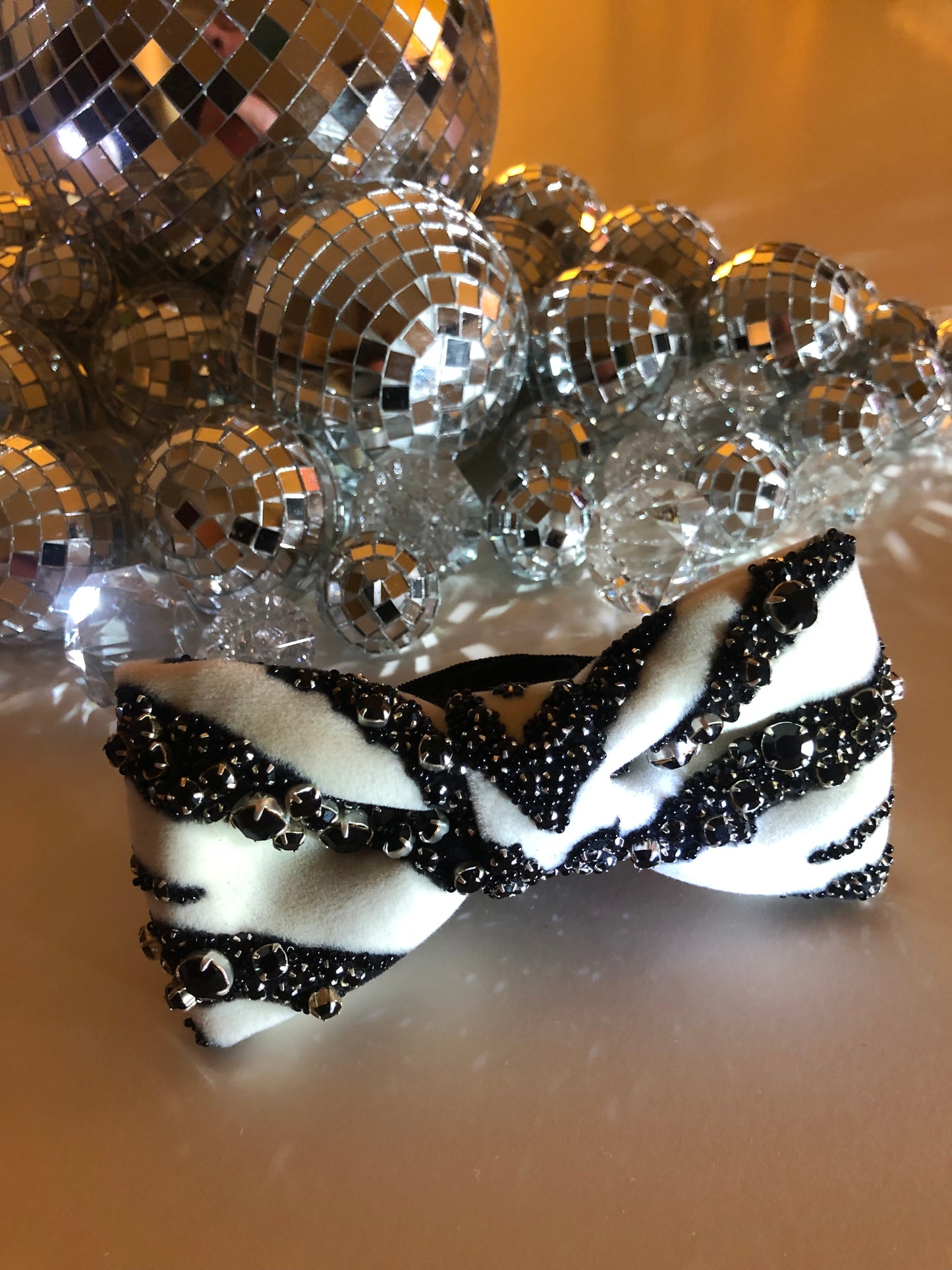 Zebra Velvet Adjustable Bow Tie with Swarovski Crystals