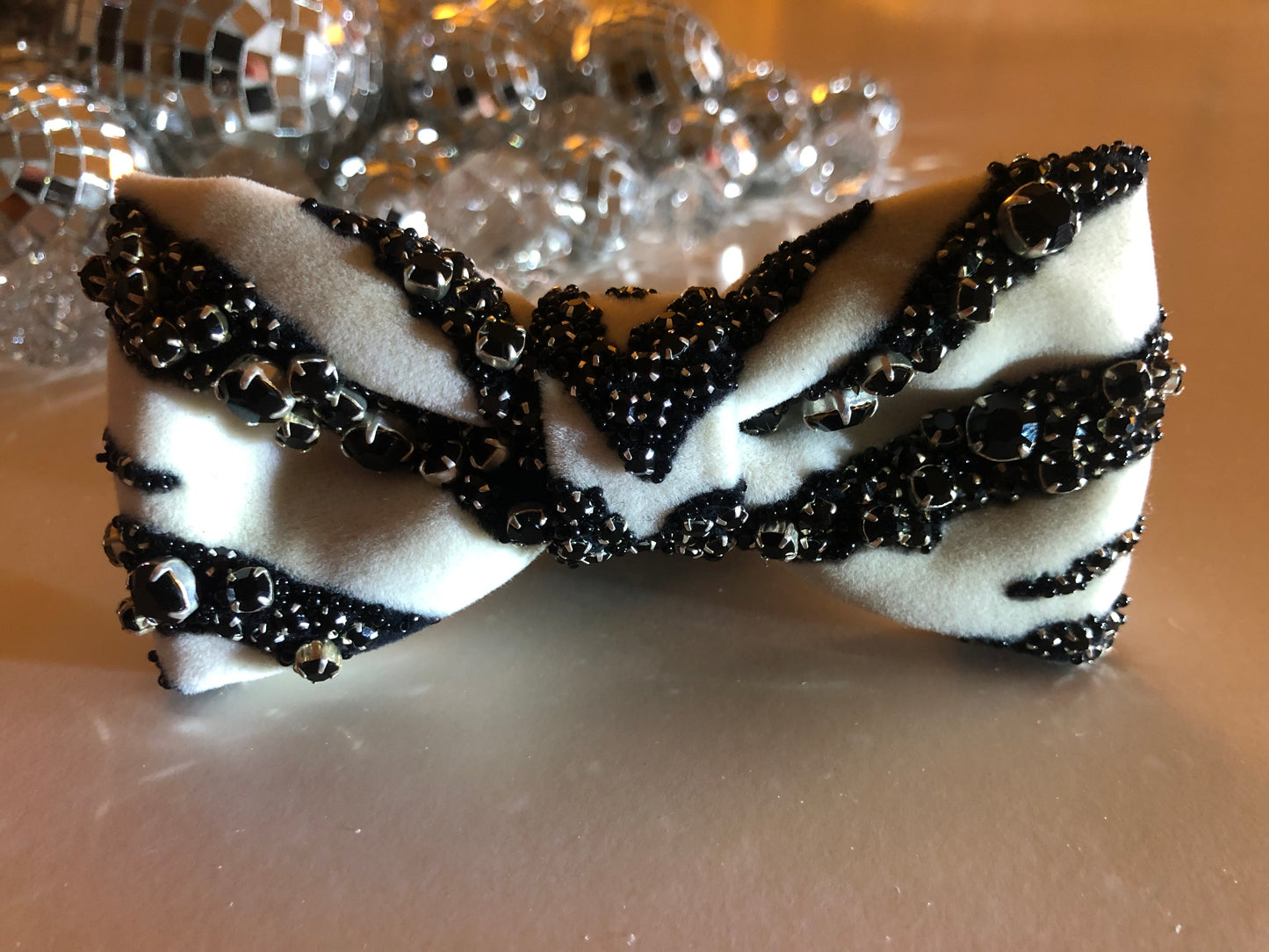 Zebra Velvet Adjustable Bow Tie with Swarovski Crystals