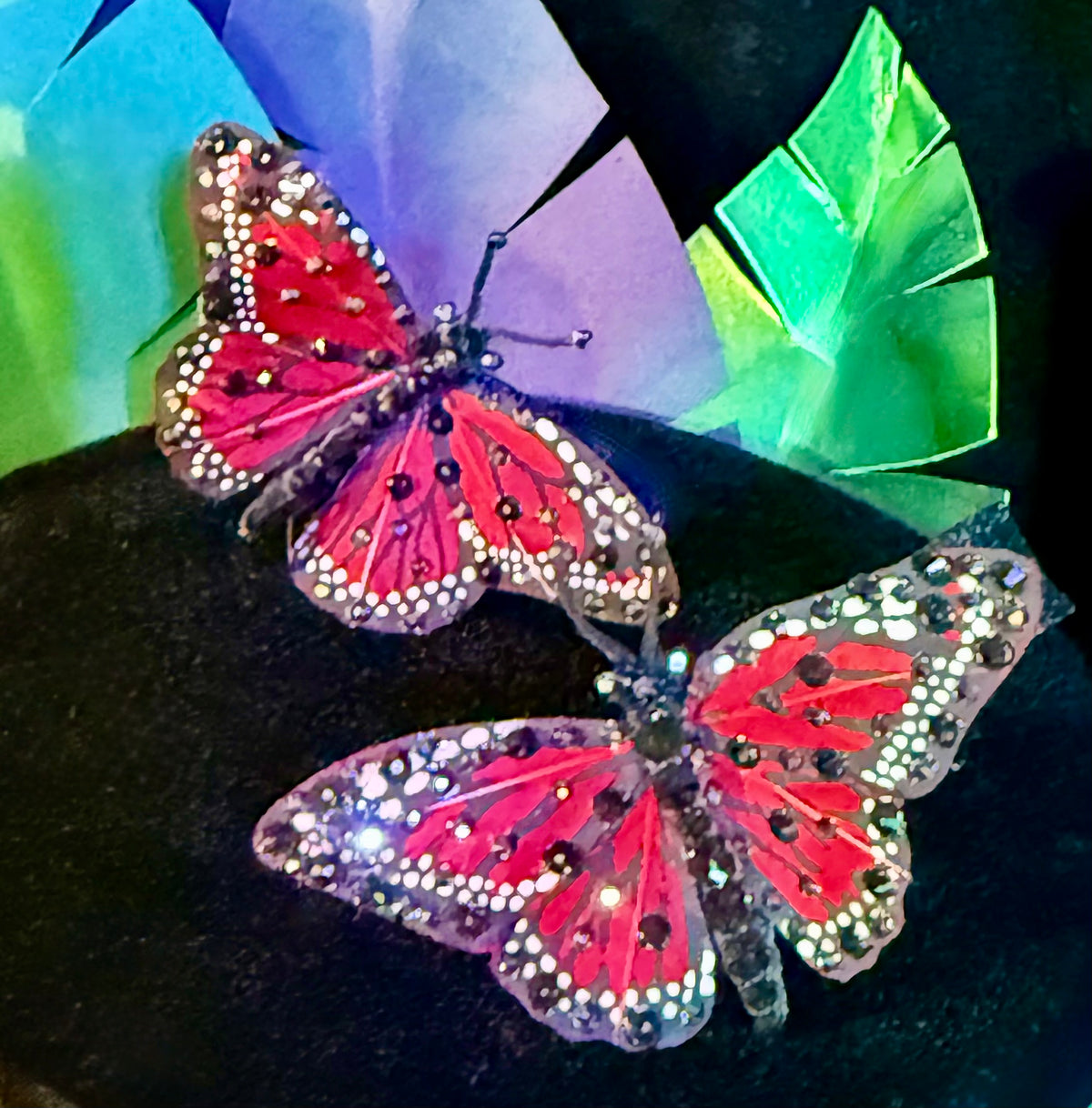 Set of Two Mini Red Feather Butterfly Hairclips Featuring Swarovski Crystals