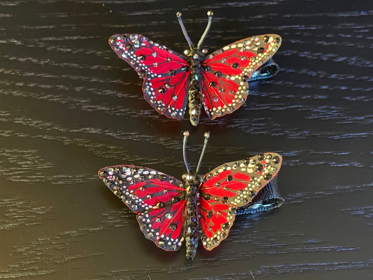 Set of Two Mini Red Feather Butterfly Hairclips Featuring Swarovski Crystals