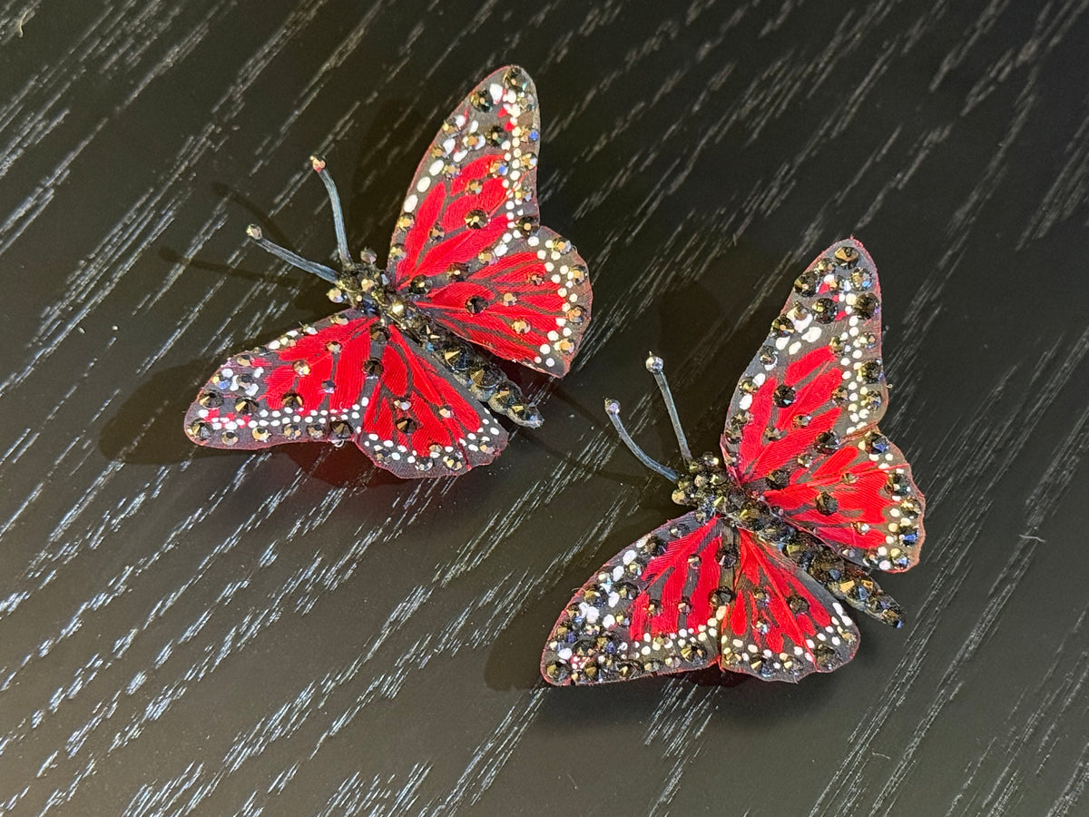 Set of Two Mini Red Feather Butterfly Hairclips Featuring Swarovski Crystals