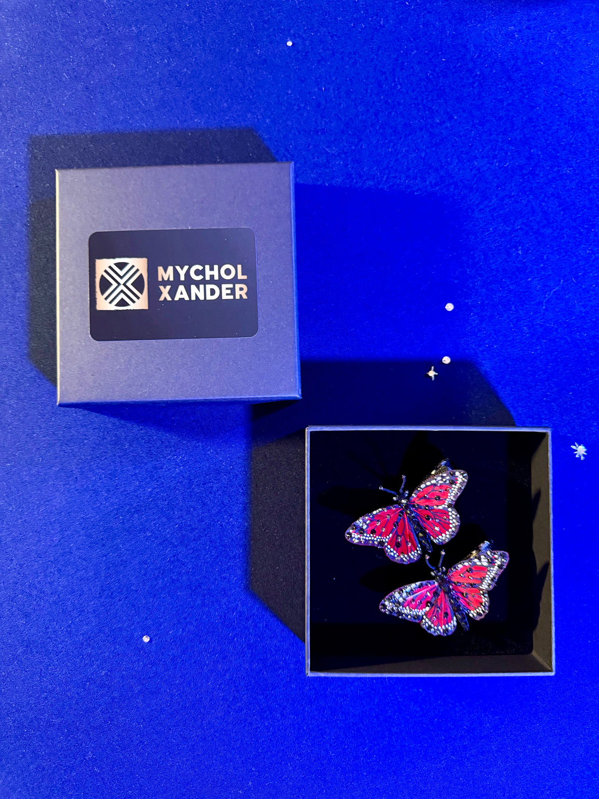 Set of Two Mini Red Feather Butterfly Hairclips Featuring Swarovski Crystals
