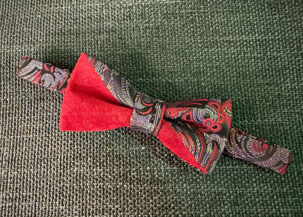Red Suede Autumnal Brocade Bow Tie on Adjustable Strap