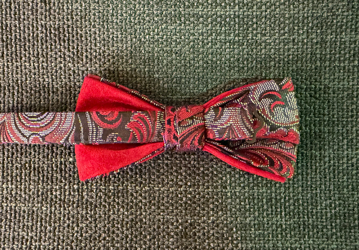 Red Suede Autumnal Brocade Bow Tie on Adjustable Strap