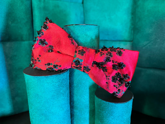 Red Satin Adjustable Bow Tie with Swarovski Floral Embroidery