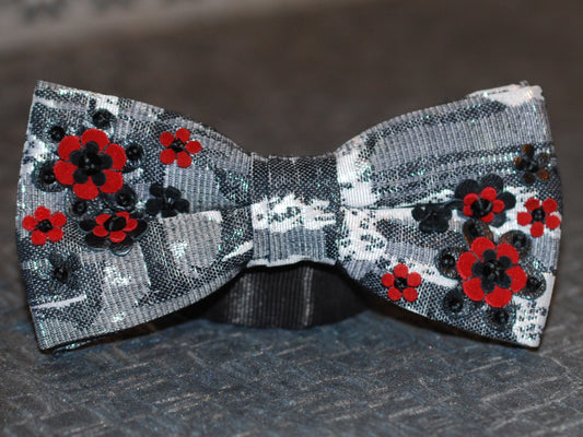 Abstract Silver and Red Floral Adjustable Bow Tie